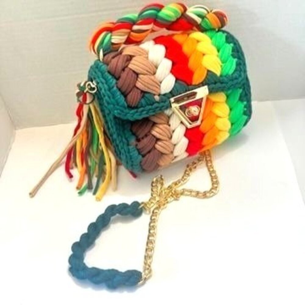 Crochet Shoulder Bag Colorful Hand Woven Chain Strap & Tassel Purse